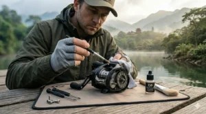 A person safely cleaning and oiling the spool bearings and side plate magnets of a magnetic brake baitcaster.