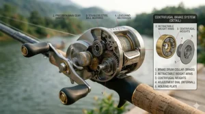 Close-up illustration of the internal centrifugal brake system on a round baitcasting reel.