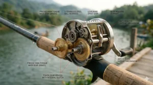 Illustration of the heavy-duty brass gears inside a round baitcasting reel housing.