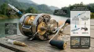 Step-by-step illustration showing where to apply oil and grease on a round baitcasting reel.