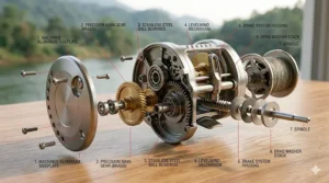 Labeled diagram showing the internal components and parts of a round baitcasting reel.