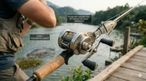 Illustration of a round baitcasting reel paired with a heavy rod for casting large swimbaits.