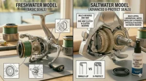 Illustration of a sealed drag and anti-reverse system designed to protect a spinning reel from saltwater corrosion.