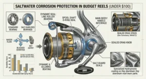 Illustration of protective seals on a saltwater spinning reel under $100 to prevent sand and salt corrosion.