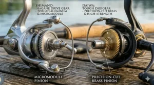 Close-up of Shimano Hagane cold-forged gears next to Daiwa Digigear precision-cut gearing.