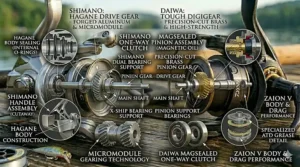 The flagship Shimano Stella FK and Daiwa Exist LT high-performance spinning reels.