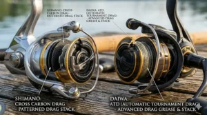 Illustration comparing Shimano’s Cross Carbon Drag and Daiwa’s Automatic Tournament Drag (ATD) systems.