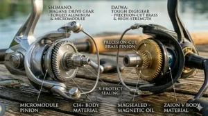 Diagram showing Shimano X-Protect water resistance versus Daiwa Magsealed magnetic oil technology.