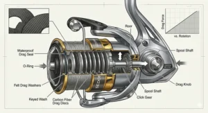 Internal view of a smooth carbon fiber drag system on an affordable spinning reel under $100.