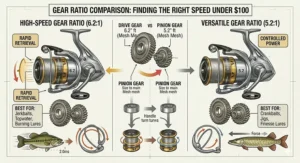 Infographic comparing gear ratios for spinning reels under $100 to help anglers choose between speed and power.