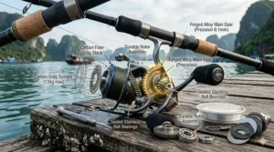 Illustration of the internal magnesium gearing and sealed drag system found in a high-quality spinning reel under $200.