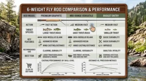 A comparison infographic highlighting performance metrics, action types, and use cases for a 6wt fly rod.