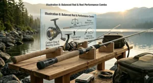An illustration of a balanced spinning rod under 100 dollars paired with a matching spinning reel for freshwater fishing.