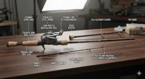 Labeled illustration detailing the parts of a bass casting rod, including the trigger grip, reel seat, and blank.