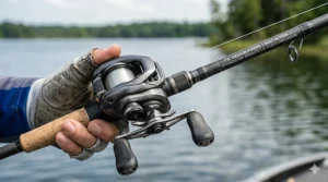 A close-up illustration of a baitcasting reel spooled with fluorocarbon line mounted on a medium power jerkbait rod for bass.