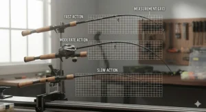 Diagram showing how different casting rods for bass bend under pressure to illustrate fast, medium, and slow action.