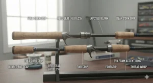 Graphic illustrating the difference between cork full grips and EVA foam split grips on a casting rod for bass.