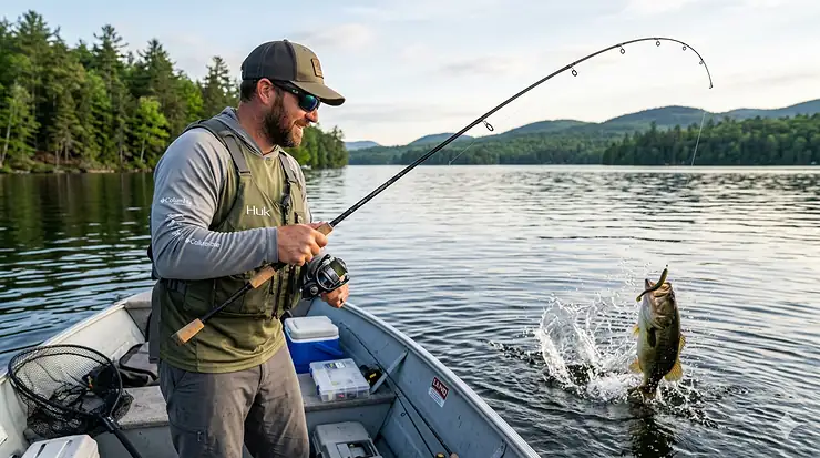 Angler landing a largemouth bass using a high performance fast action spinning rod on a calm lake.