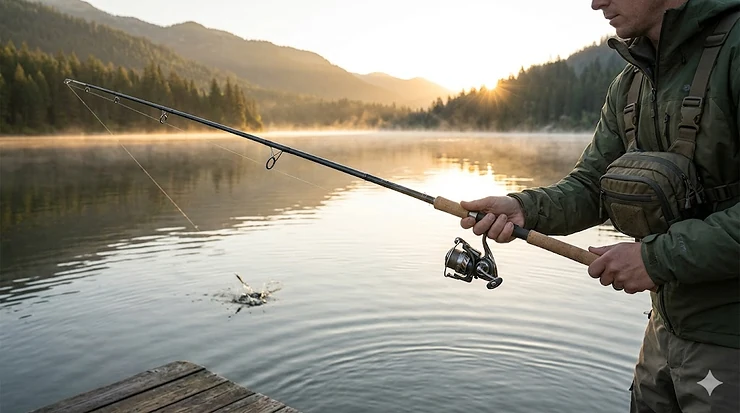 Angler holding a premium lightweight graphite spinning rod while fishing on a lake at sunrise.