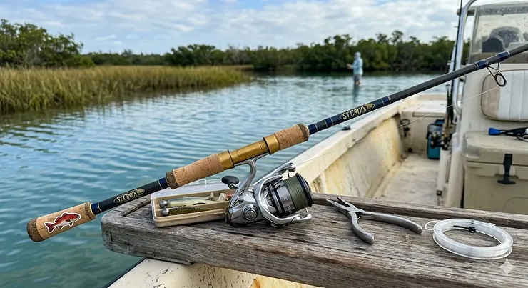 A premium inshore spinning rod and reel combo resting against the gunwale of a flats boat, with an expansive saltwater marsh in the background.