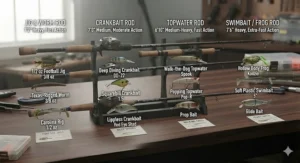 Infographic matching specific bass lures like jigs, frogs, and crankbaits to the correct casting rod setup.