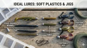 Selection of soft plastic baits and bass fishing jigs optimized for fishing with a fast action spinning rod.