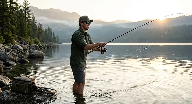 An angler holding a high-quality spinning rod under 100 dollars while casting a line into a calm lake at sunrise. heavy action bass rod
