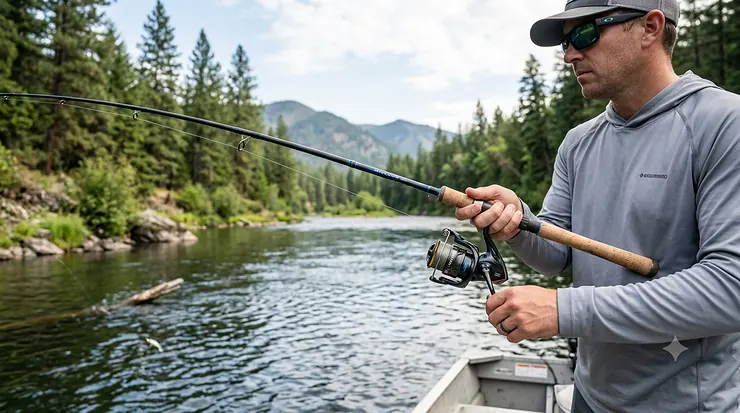 An affordable spinning rod and reel combo leaning against green grass by a riverbank, representing the best spinning rod under 100 dollars. spinning rod under $100