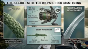Illustration of the braid-to-fluorocarbon leader connection used on a dropshot rod for bass.