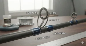 Close-up illustration of heavy-duty ceramic and titanium line guides on a premium bass fishing rod.