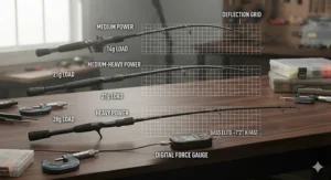 A visual guide explaining rod power ratings from medium to extra heavy for targeting largemouth bass.