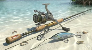 An illustration of an angler hooked into a tailing redfish using a 7-foot medium power inshore spinning rod in shallow flats.