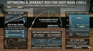 An illustration showing a jerkbait suspending over deep grass edges near wintering bass to highlight when to use a specific fishing rod.