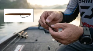 Close-up illustration showing how to nose-hook a soft plastic worm for dropshot bass fishing.