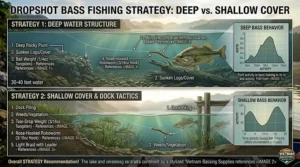 Illustration mapping out deep water and shallow cover tactics for dropshot rod bass fishing.