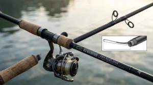 Illustration highlighting the fast action and sensitive tip of a dropshot rod for bass fishing.