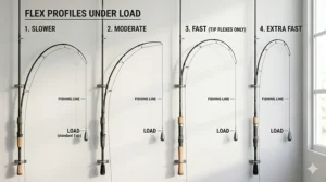 Technical comparison diagram illustrating the flex profile of a fast action spinning rod bending only at the top 25 percent.