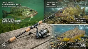 Graphic showing game fish species like bass and walleye commonly targeted with a medium heavy fast action spinning rod.