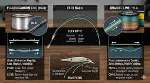 Graphic highlighting the impact of fluorocarbon line stretch on a jerkbait rod for bass during deep diving presentations.