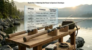 An infographic explaining light, medium, and heavy power ratings for budget spinning rods.
