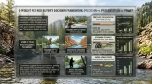 A buyer decision tree infographic helping anglers choose between presentation and distance capabilities for a 6 weight fly rod.