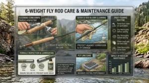 An illustrated step-by-step guide for cleaning ferrule connections and guides on a 6 weight fly rod after use.