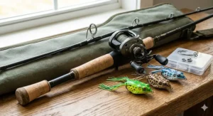 Labeled diagram highlighting the heavy power, fast action, and blank design of a specialized frog fishing rod.