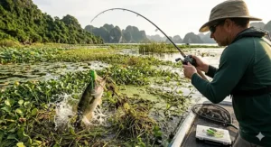 Graphic showing a frog fishing rod pulling a large bass out of thick lily pads and matted vegetation.