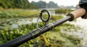 Close-up illustration of the heavy-duty double-foot line guides on a baitcasting frog fishing rod.