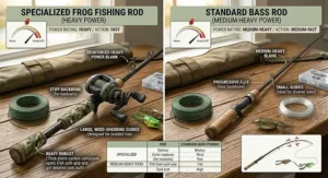 Side-by-side illustration showing the structural difference between a heavy-power frog fishing rod and a standard medium-action rod.