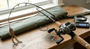 Illustration comparing the stiff backbone and flexible tip action of a frog fishing rod under a heavy load.