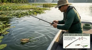 Step-by-step graphic demonstrating the rod tip movements used to walk a topwater frog lure with a frog fishing rod.