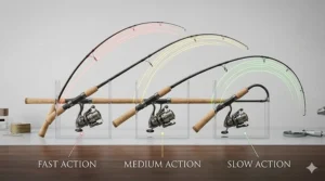 Diagram comparing fast, medium, and slow action curves of a graphite spinning rod under load.