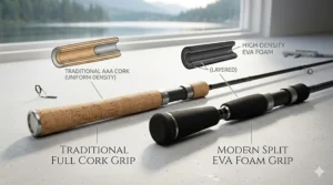 Illustration comparing premium cork split-grip and EVA foam handles on a graphite spinning fishing rod.
